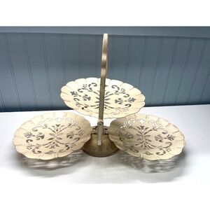 Tiered Metal Dessert Stand Ornate Scrollwork Cream White Handle Cottage‎ Core